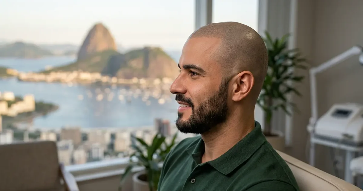 Profissional realizando procedimento de micropigmentação capilar com dermógrafo no couro cabeludo de um paciente, em clínica especializada