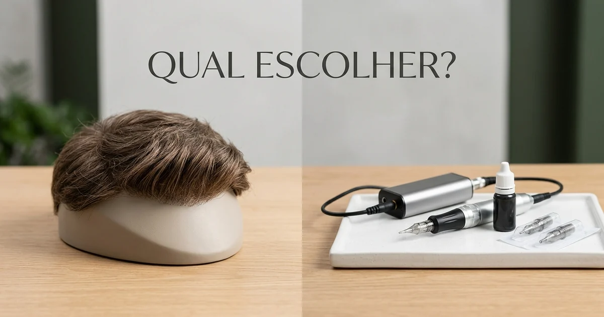 Prótese capilar masculina com fios compridos ao lado de cabeça com micropigmentação capilar raspada
