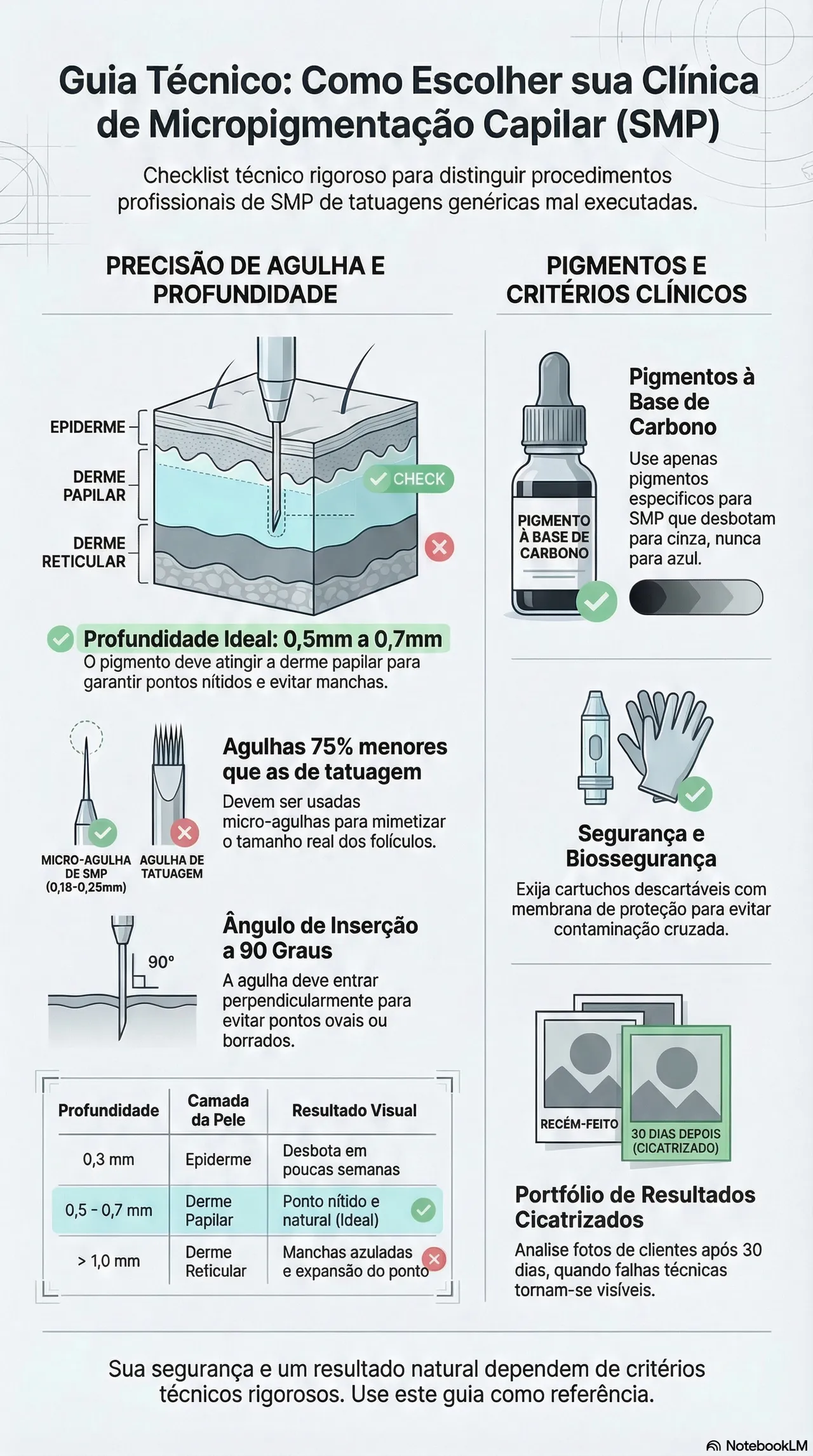 Infográfico técnico sobre checklist de micropigmentação capilar SMP - profundidade de agulha, pigmentos e certificações