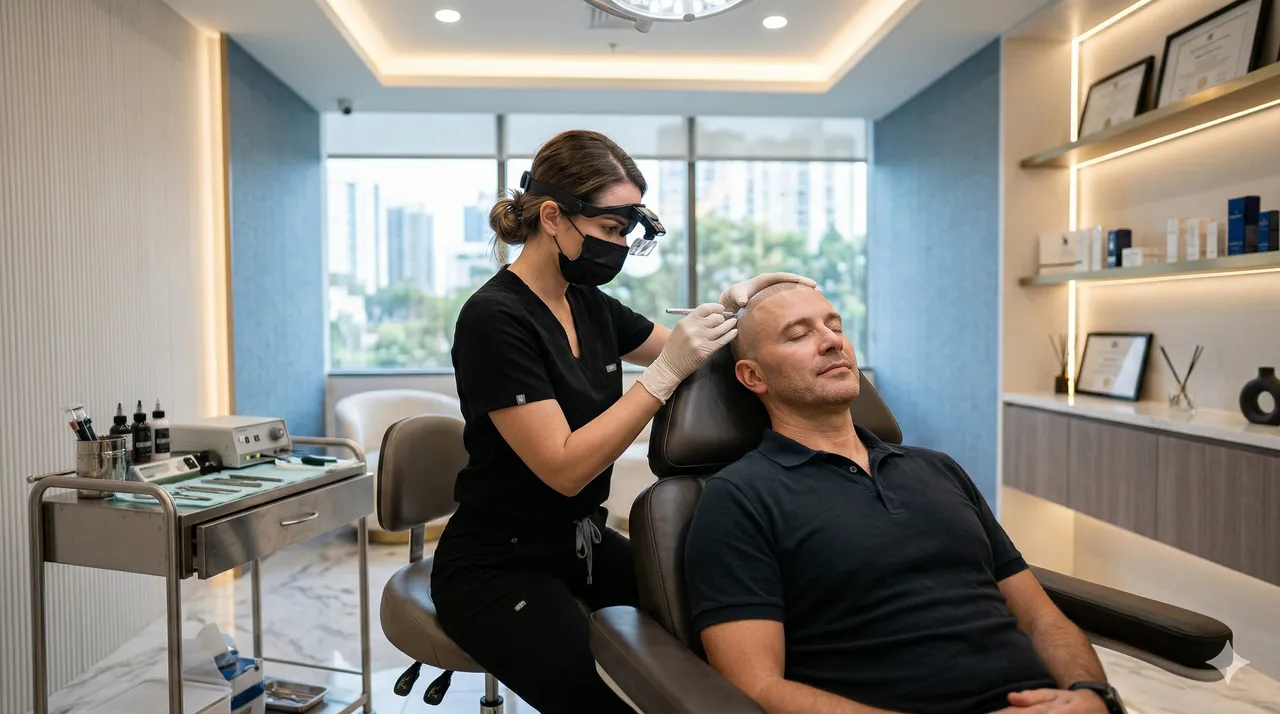 Especialista clínica demonstrando sessão confortável de micropigmentação capilar e equipamentos delicados
